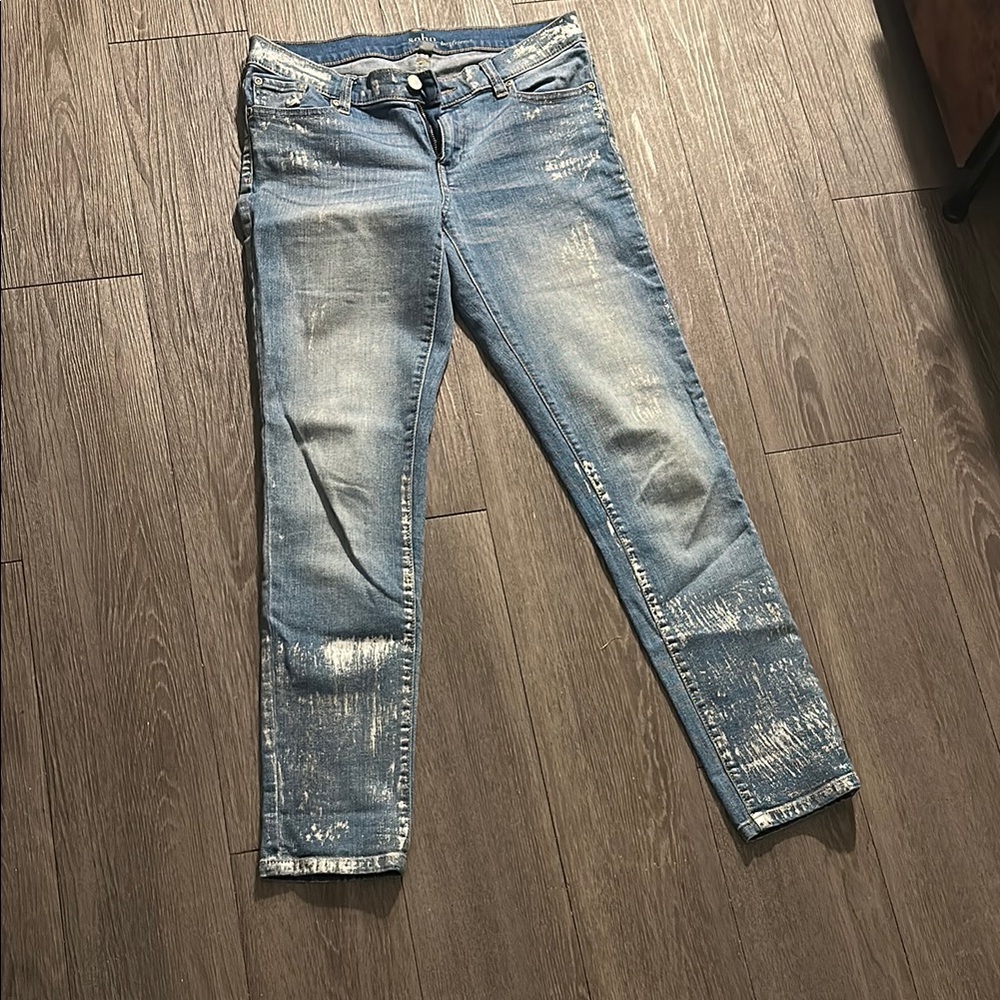 Stylish Blue Denim Jeans - Soho brand. Distressed & silver metallic paint style.